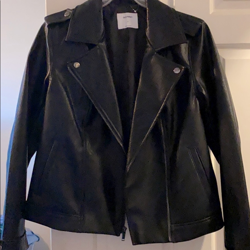 Black faux leather moto jacket.